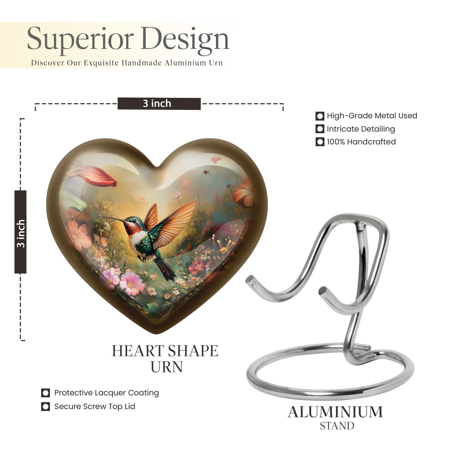 Sunrise Gold Hummingbird Cremation Urn front view showing detailed design - loving heart memorial featuring hummingbird pattern - mini keepsake memorial for portion of cremation ashes