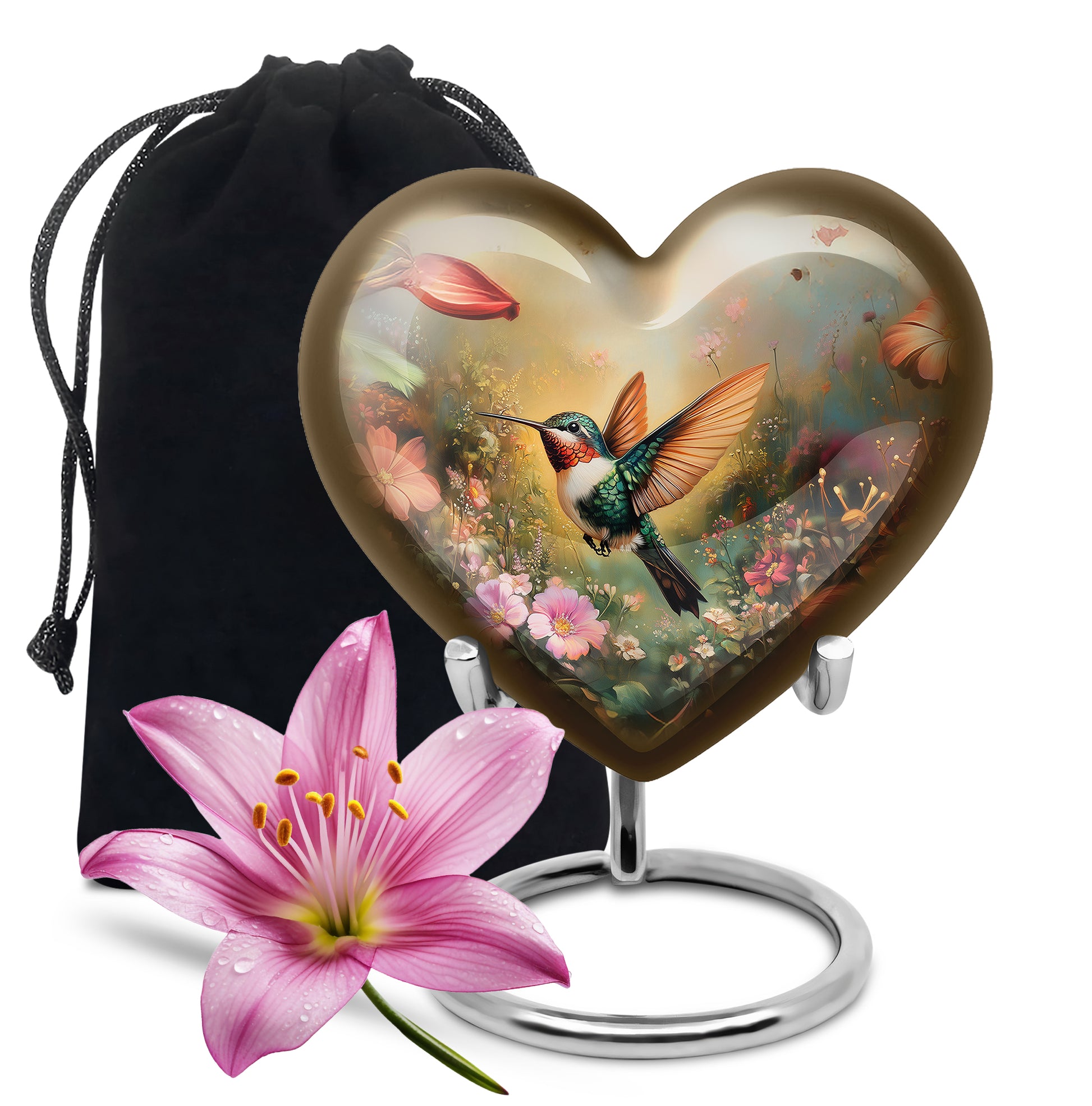 Burnished Gold Hummingbird Cremation Urn detail view - romantic heart urn with hummingbird motif on aluminum - full-size 10 inch 200 cubic inch adult cremation urn