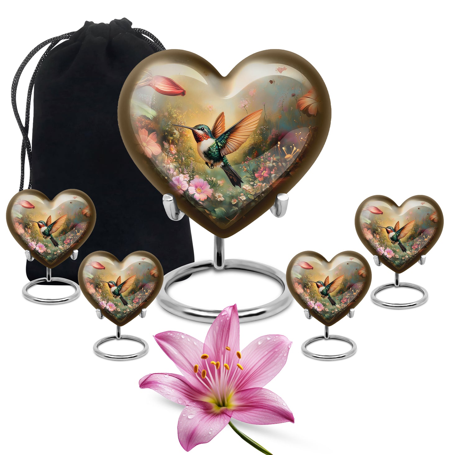 Warm Gold Hummingbird Cremation Urn close-up of engraving and surface detail - romantic heart urn with hummingbird motif on aluminum - memorial set with one large and four small urns