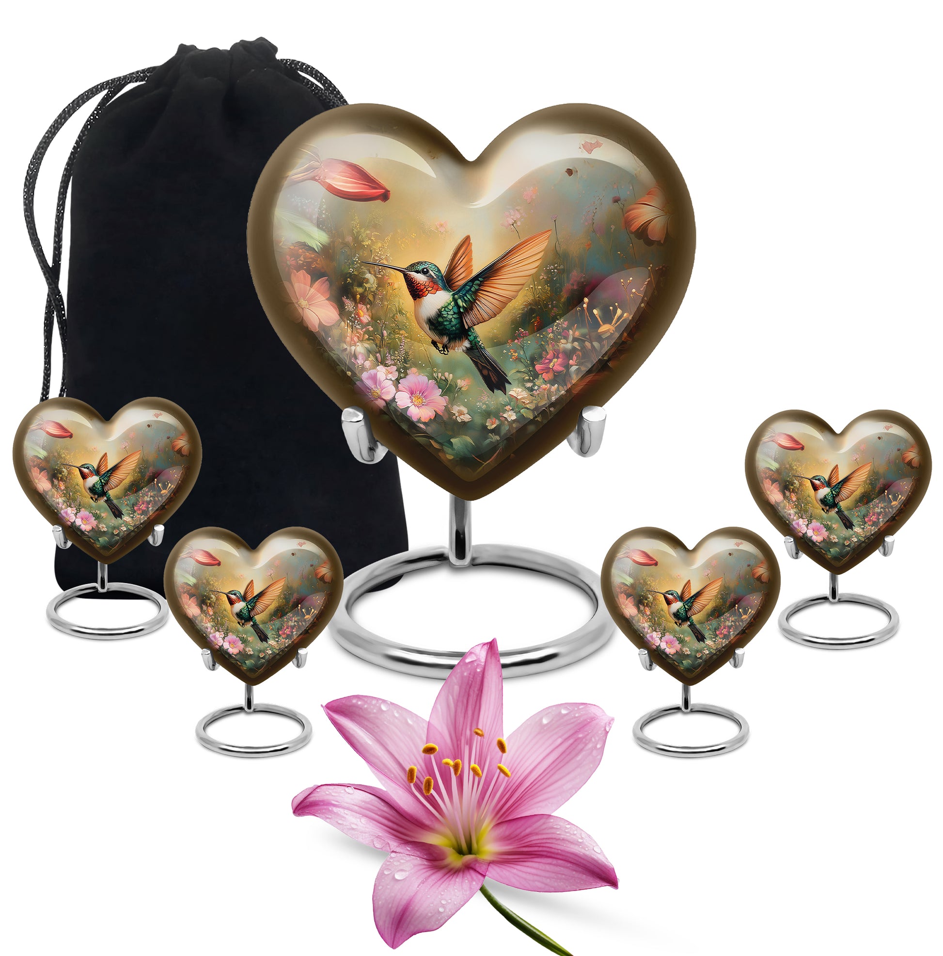Warm Gold Hummingbird Cremation Urn close-up of engraving and surface detail - romantic heart urn with hummingbird motif on aluminum - memorial set with one large and four small urns