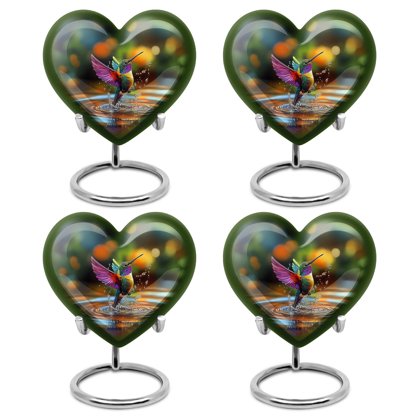 Sage Green Hummingbird Cremation Urn angled view of lid and engraved motif - heart-shaped hummingbird design symbolizing eternal love - 10 inch aluminum urn for cremated remains
