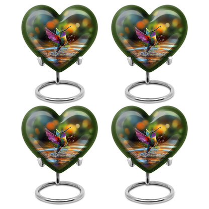 Sage Green Hummingbird Cremation Urn angled view of lid and engraved motif - heart-shaped hummingbird design symbolizing eternal love - 10 inch aluminum urn for cremated remains