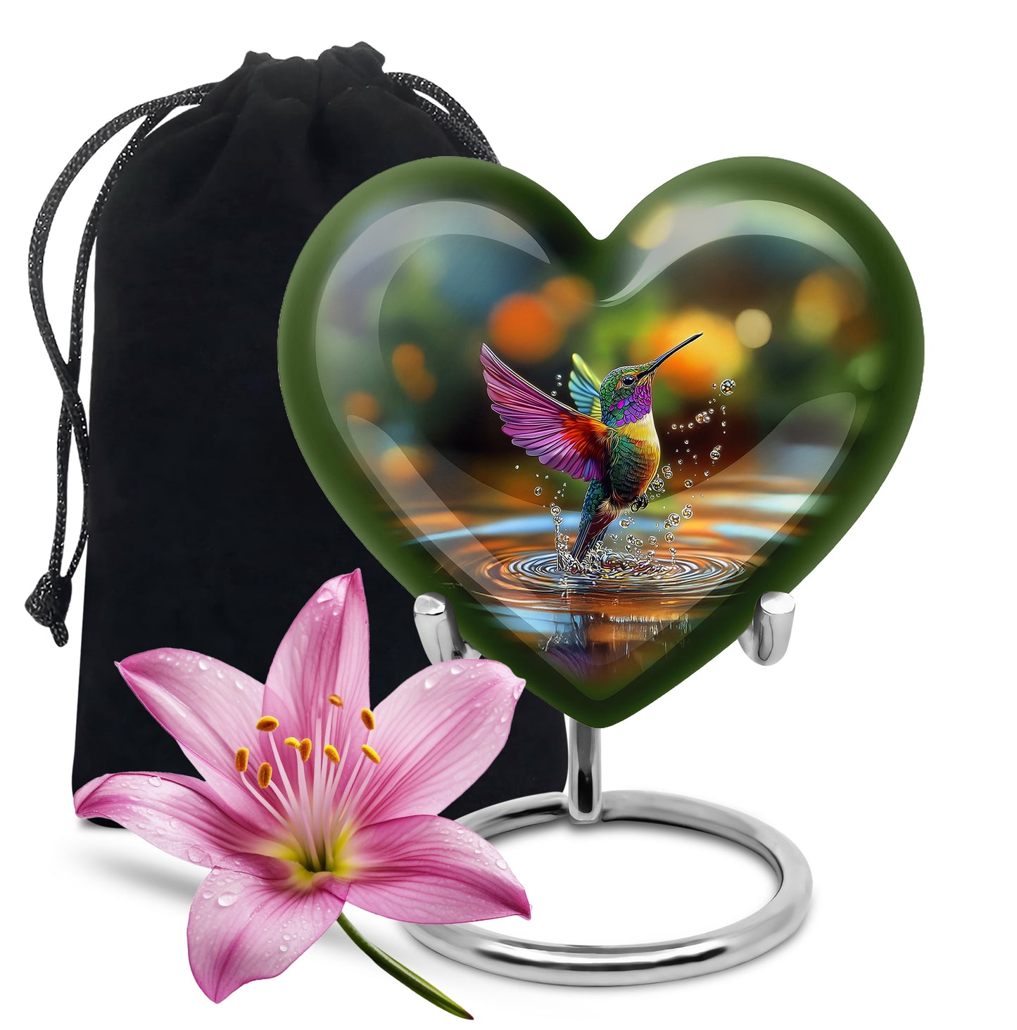 Verdant Green Hummingbird Cremation Urn detail view - loving heart memorial featuring hummingbird pattern - full-size 10 inch 200 cubic inch adult cremation urn