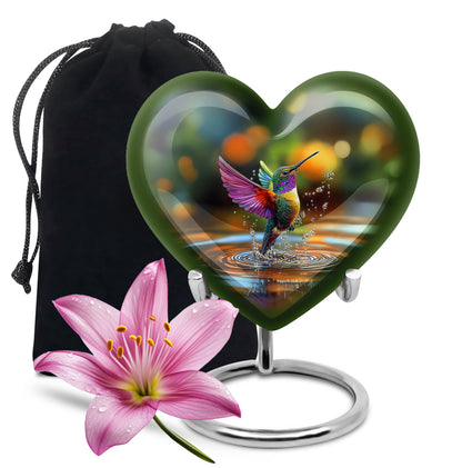 Verdant Green Hummingbird Cremation Urn detail view - loving heart memorial featuring hummingbird pattern - full-size 10 inch 200 cubic inch adult cremation urn