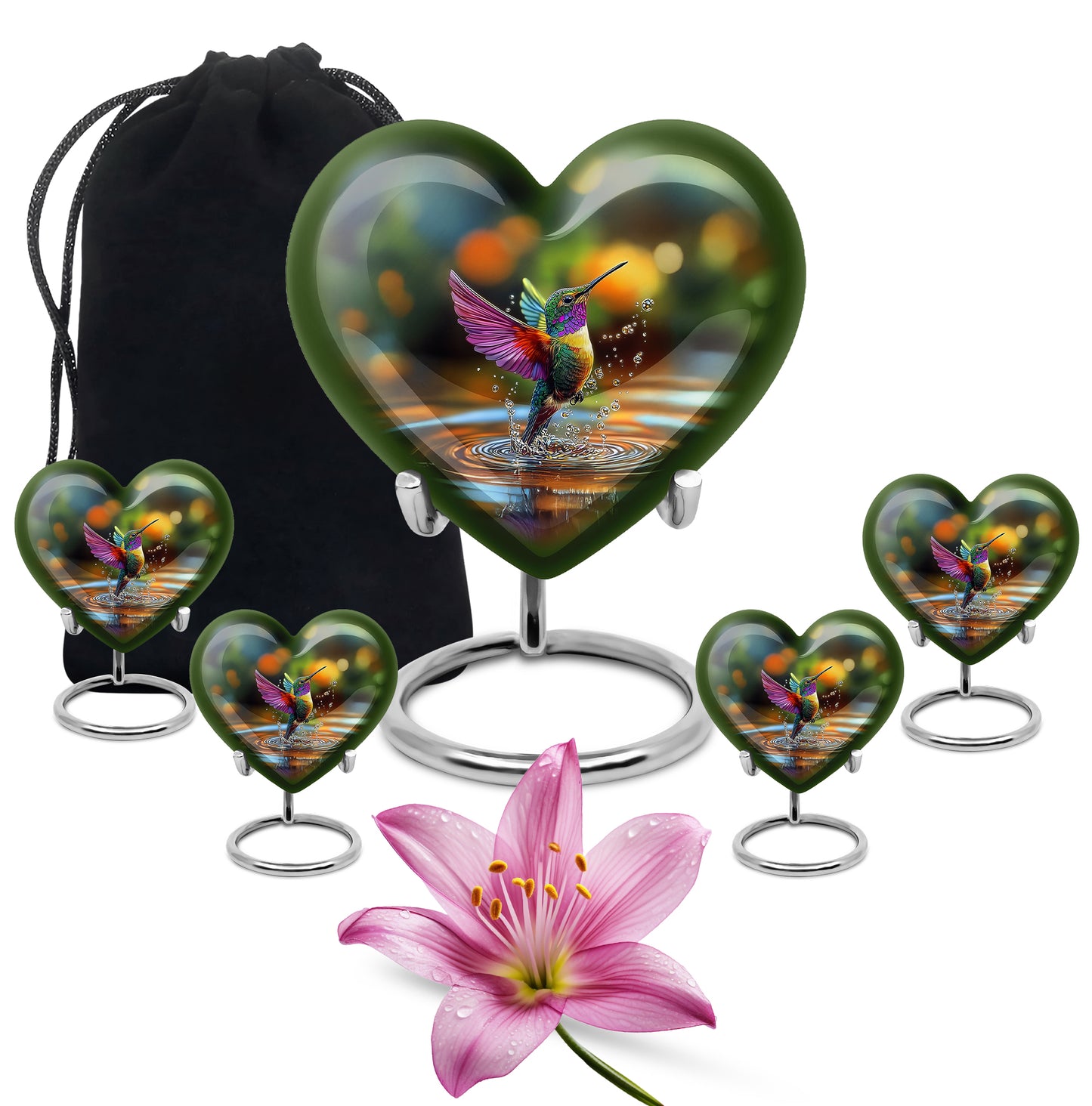 Pine Green Hummingbird Cremation Urn close-up of engraving and surface detail - romantic heart urn with hummingbird motif on aluminum - memorial set with one large and four small urns