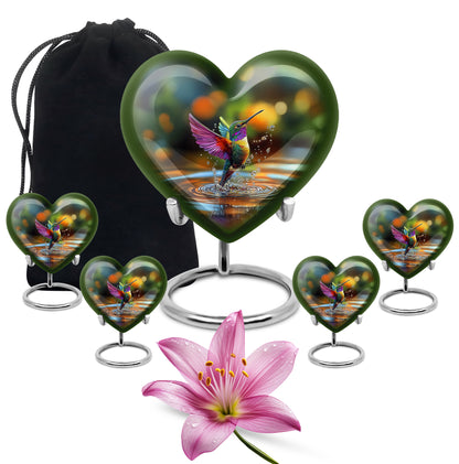 Pine Green Hummingbird Cremation Urn close-up of engraving and surface detail - romantic heart urn with hummingbird motif on aluminum - memorial set with one large and four small urns