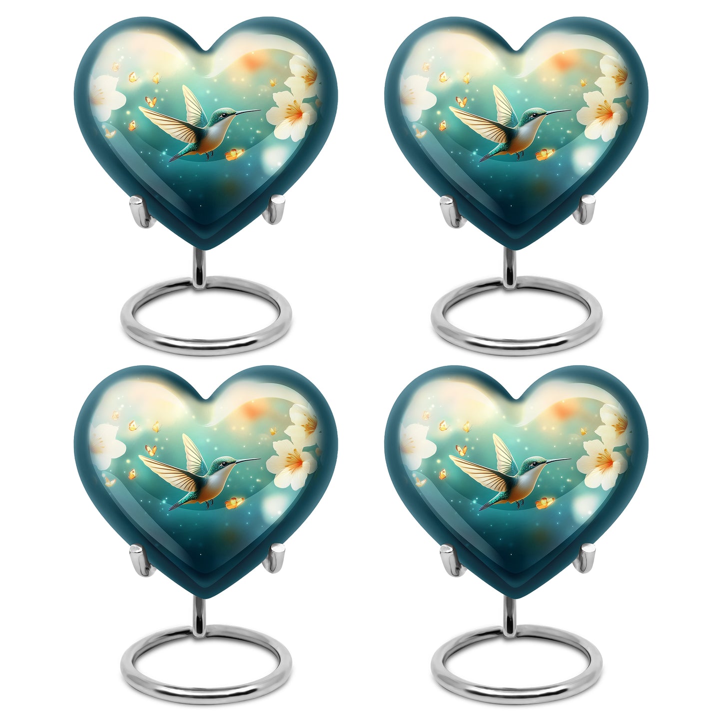 Deep Teal Hummingbird Cremation Urn angled view of lid and engraved motif - compassionate heart-hummingbird combination with gentle curves - 10 inch aluminum urn for cremated remains
