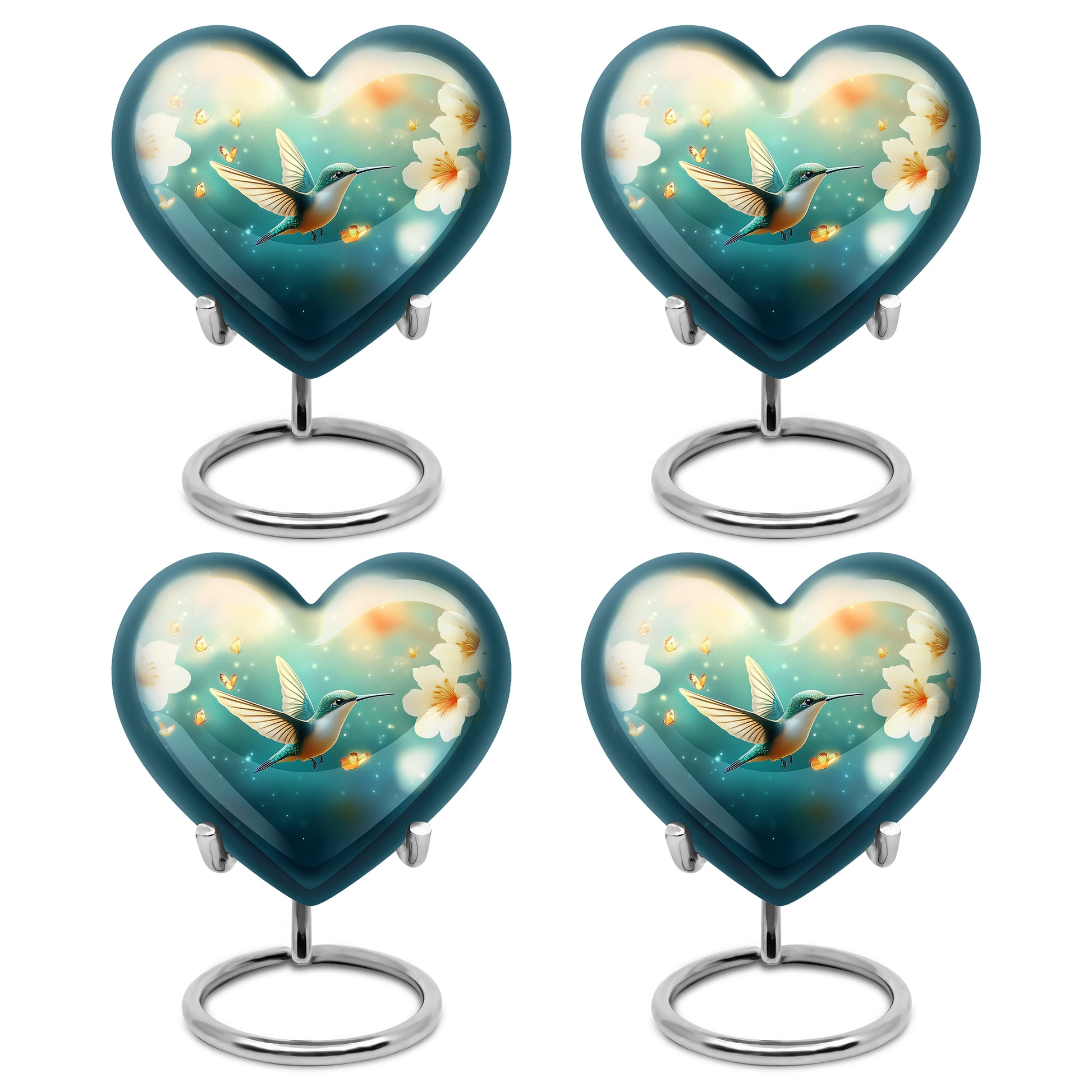 Deep Teal Hummingbird Cremation Urn angled view of lid and engraved motif - compassionate heart-hummingbird combination with gentle curves - 10 inch aluminum urn for cremated remains