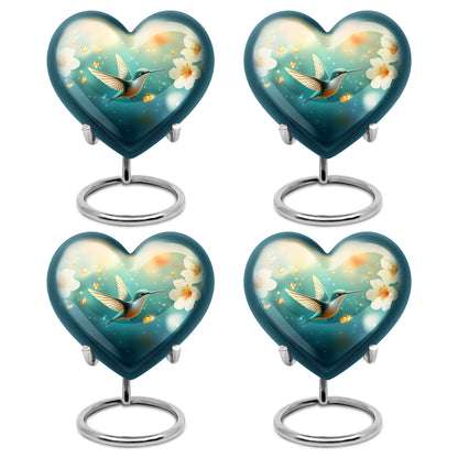 Deep Teal Hummingbird Cremation Urn angled view of lid and engraved motif - compassionate heart-hummingbird combination with gentle curves - 10 inch aluminum urn for cremated remains