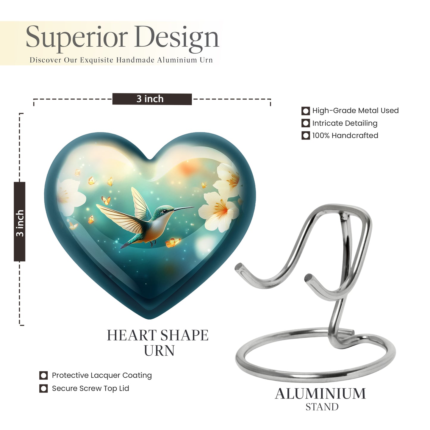 Sea Green Teal Hummingbird Cremation Urn front view showing detailed design - loving heart memorial featuring hummingbird pattern - mini keepsake memorial for portion of cremation ashes