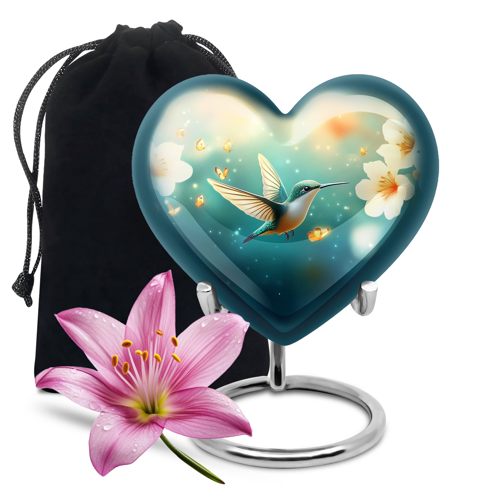 Aqua Teal Hummingbird Cremation Urn detail view - romantic heart urn with hummingbird motif on aluminum - full-size 10 inch 200 cubic inch adult cremation urn