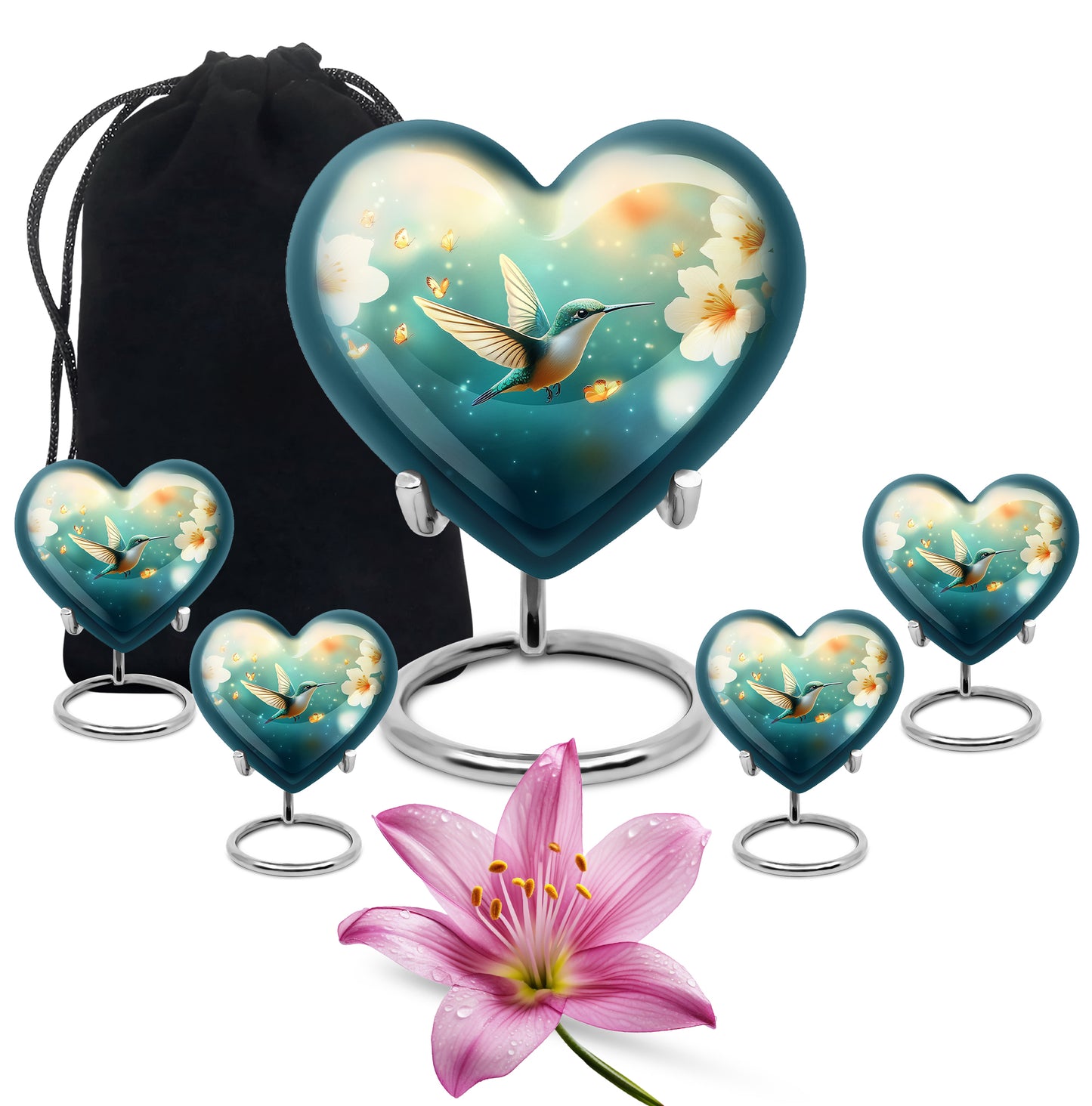 Mystic Teal Hummingbird Cremation Urn close-up of engraving and surface detail - romantic heart urn with hummingbird motif on aluminum - memorial set with one large and four small urns
