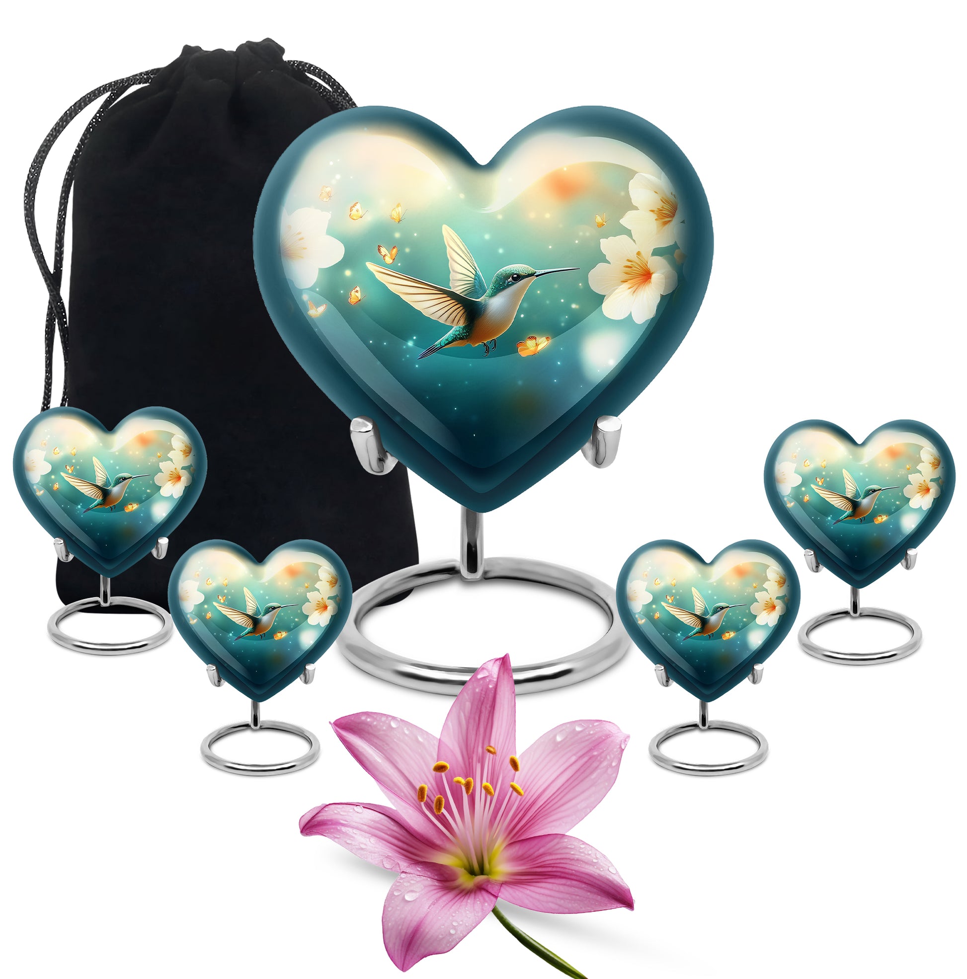 Mystic Teal Hummingbird Cremation Urn close-up of engraving and surface detail - romantic heart urn with hummingbird motif on aluminum - memorial set with one large and four small urns
