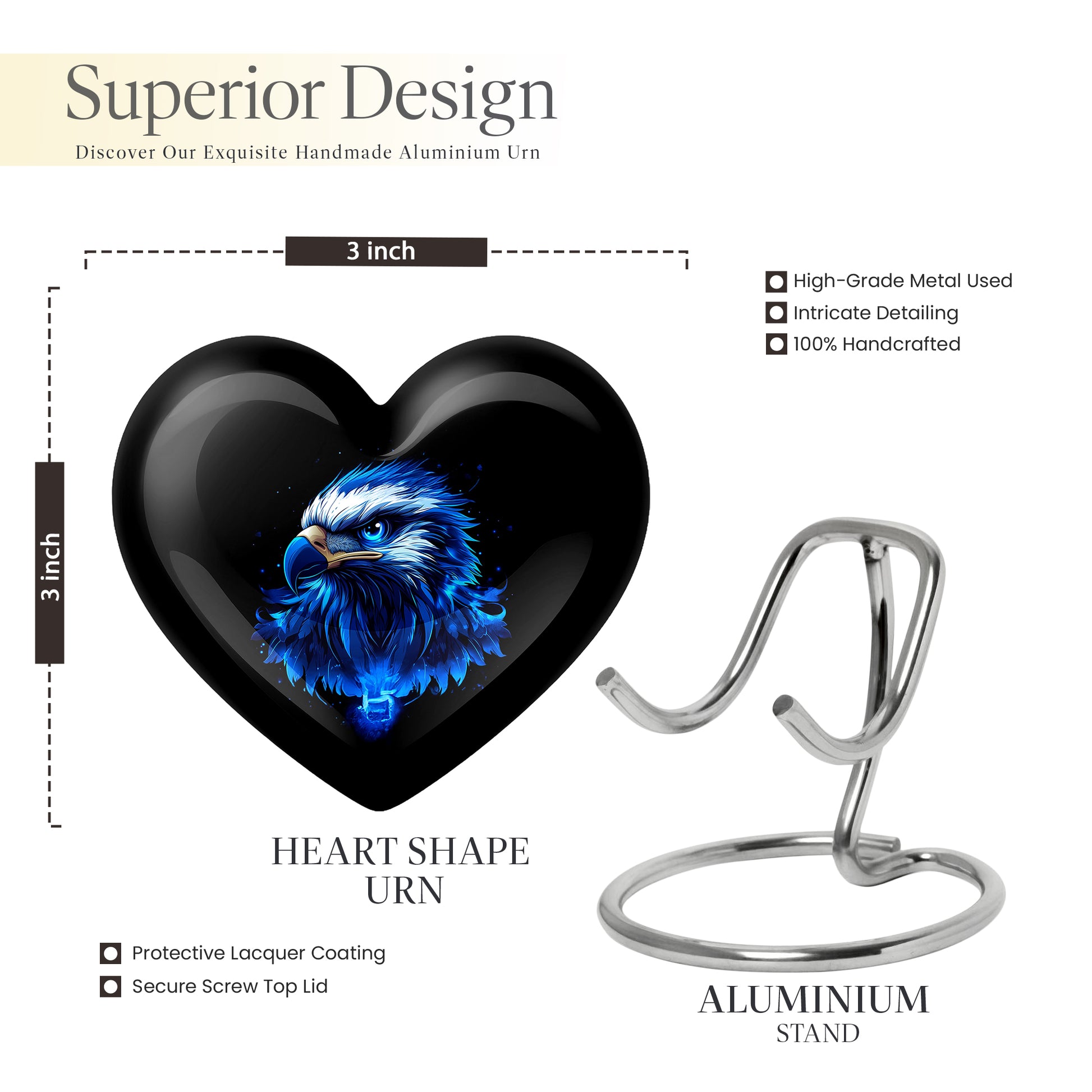 Dark Black Eagle Cremation Urn front view showing detailed design - compassionate heart-eagle combination with gentle curves - mini keepsake memorial for portion of cremation ashes