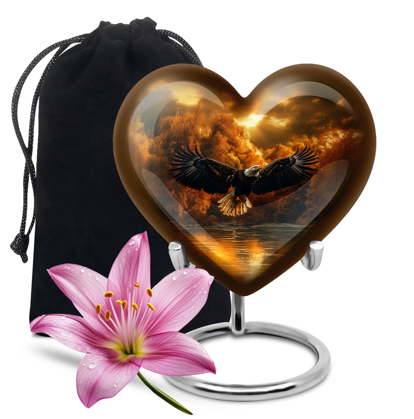 Matte Gold Eagle Cremation Urn detail view - compassionate heart-eagle combination with gentle curves - full-size 10 inch 200 cubic inch adult cremation urn