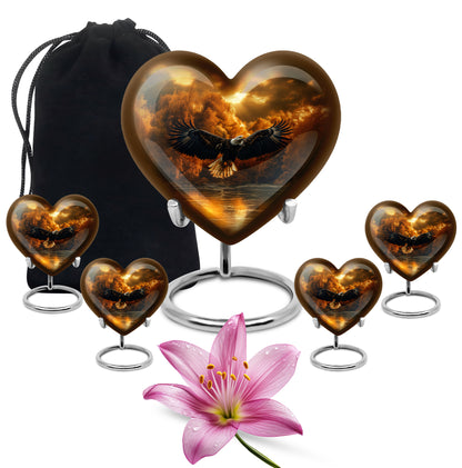 Sunrise Gold Eagle Cremation Urn close-up of engraving and surface detail - heart-shaped eagle design symbolizing eternal love - memorial set with one large and four small urns