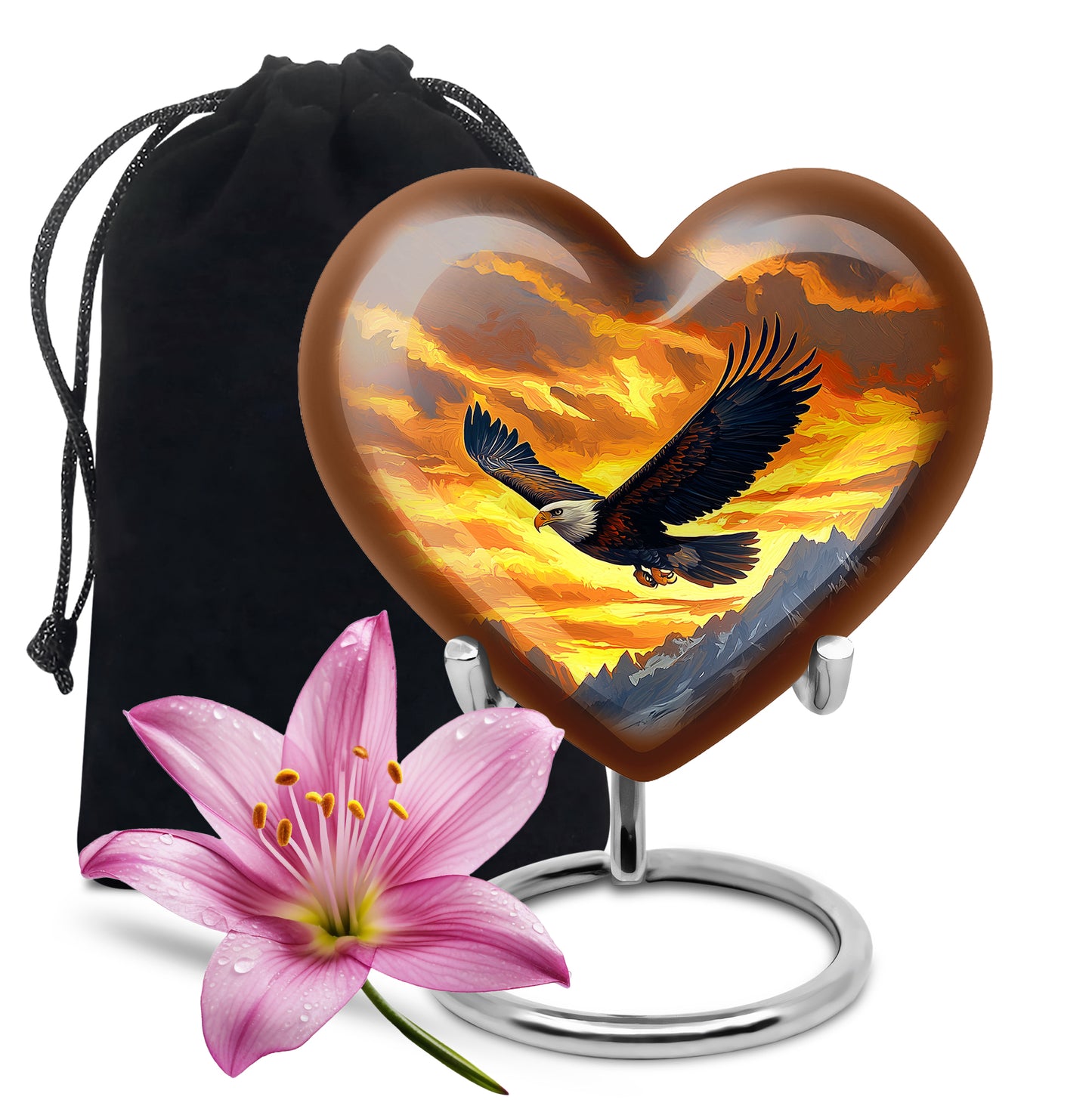 Royal Gold Eagle Cremation Urn detail view - compassionate heart-eagle combination with gentle curves - full-size 10 inch 200 cubic inch adult cremation urn