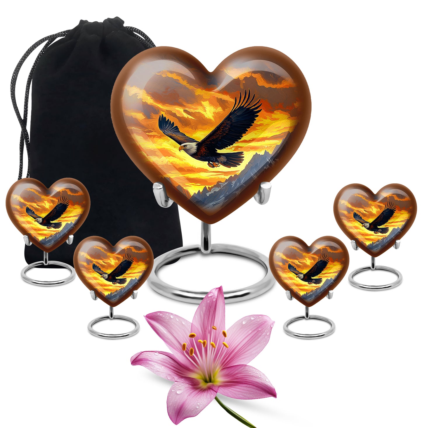Amber Gold Eagle Cremation Urn close-up of engraving and surface detail - loving heart memorial featuring eagle pattern - memorial set with one large and four small urns