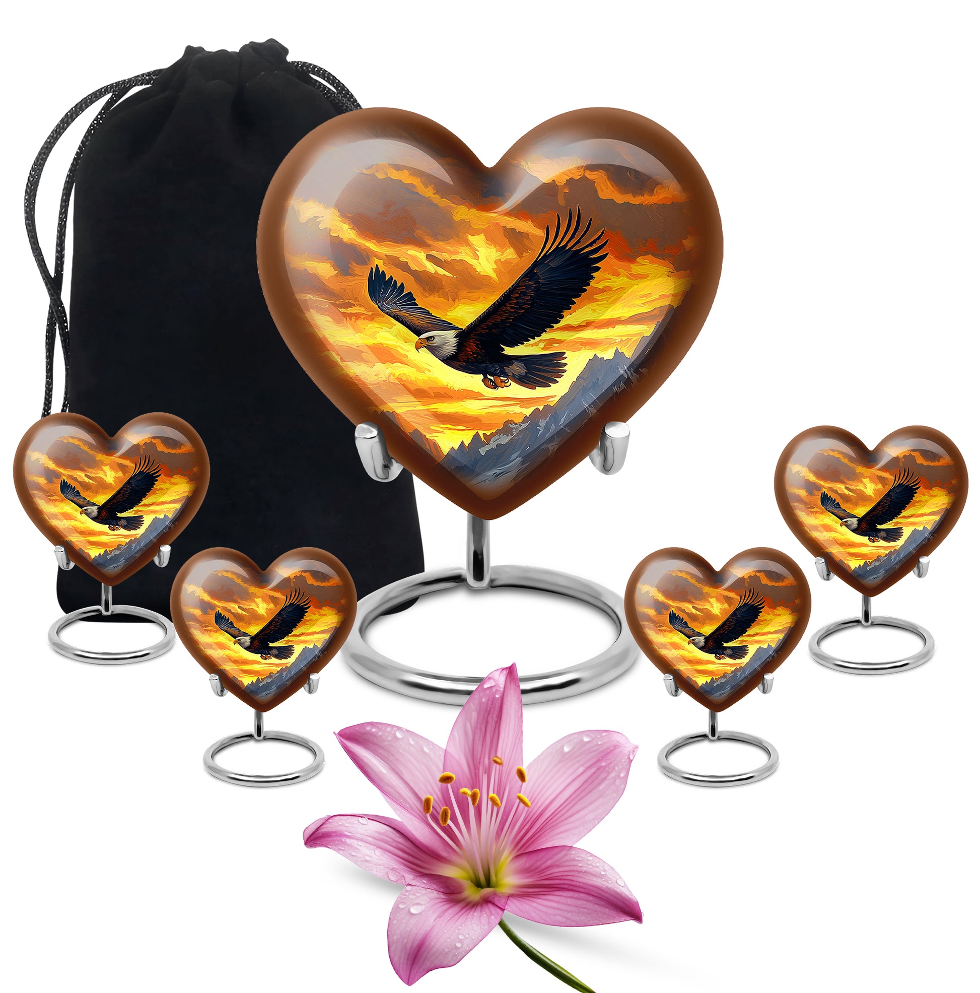 Amber Gold Eagle Cremation Urn close-up of engraving and surface detail - loving heart memorial featuring eagle pattern - memorial set with one large and four small urns