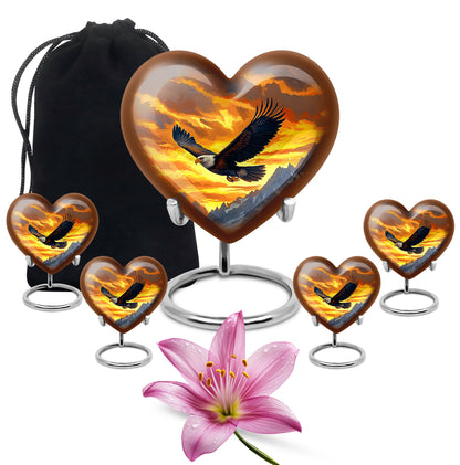 Amber Gold Eagle Cremation Urn close-up of engraving and surface detail - loving heart memorial featuring eagle pattern - memorial set with one large and four small urns