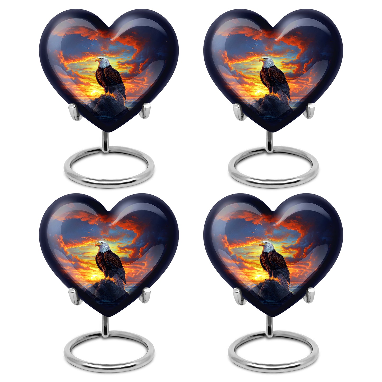 Icy Blue Eagle Cremation Urn angled view of lid and engraved motif - loving heart memorial featuring eagle pattern - 10 inch aluminum urn for cremated remains