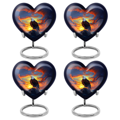 Icy Blue Eagle Cremation Urn angled view of lid and engraved motif - loving heart memorial featuring eagle pattern - 10 inch aluminum urn for cremated remains