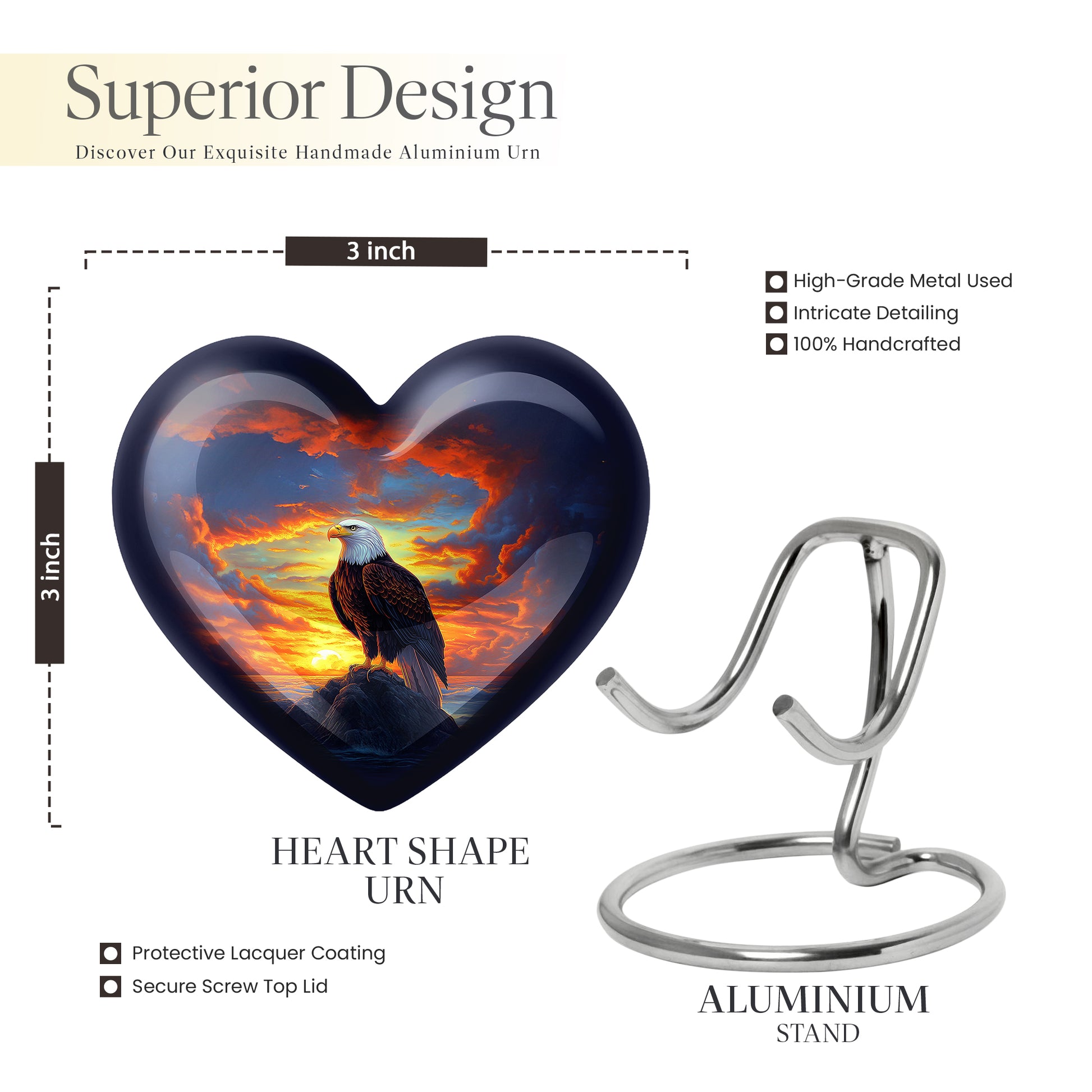 Celestial Blue Eagle Cremation Urn front view showing detailed design - heart-shaped eagle design symbolizing eternal love - mini keepsake memorial for portion of cremation ashes