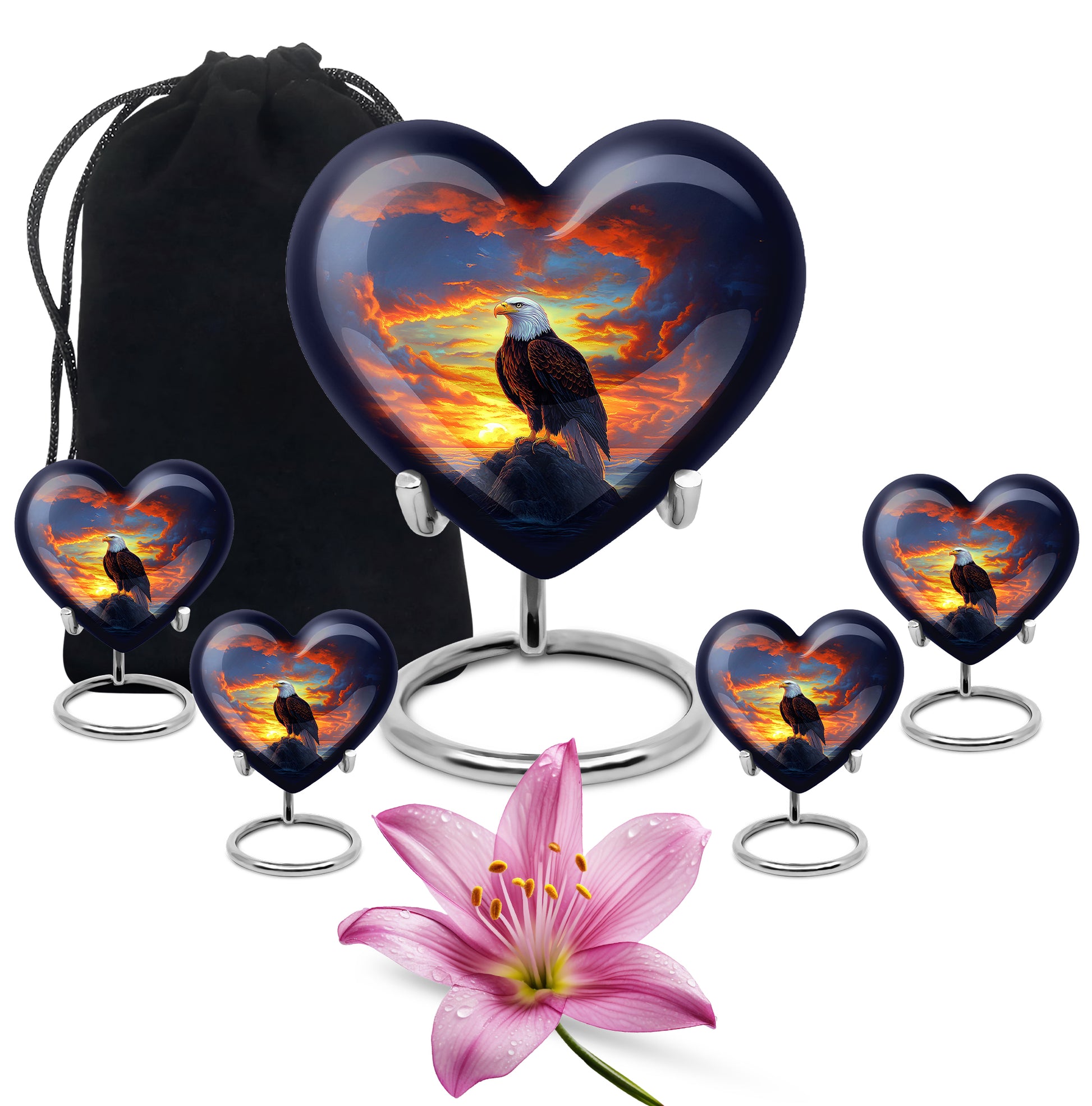 Misty Blue Eagle Cremation Urn close-up of engraving and surface detail - heart-shaped eagle design symbolizing eternal love - memorial set with one large and four small urns