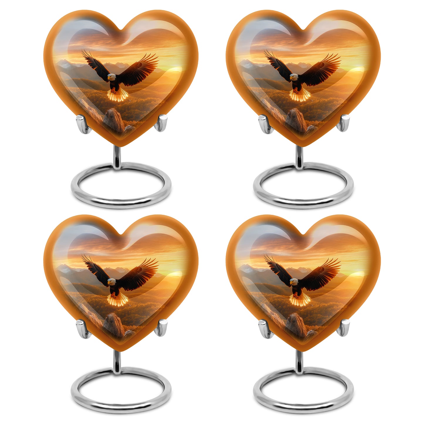 Harvest Gold Eagle Cremation Urn angled view of lid and engraved motif - compassionate heart-eagle combination with gentle curves - 10 inch aluminum urn for cremated remains