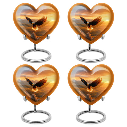 Harvest Gold Eagle Cremation Urn angled view of lid and engraved motif - compassionate heart-eagle combination with gentle curves - 10 inch aluminum urn for cremated remains