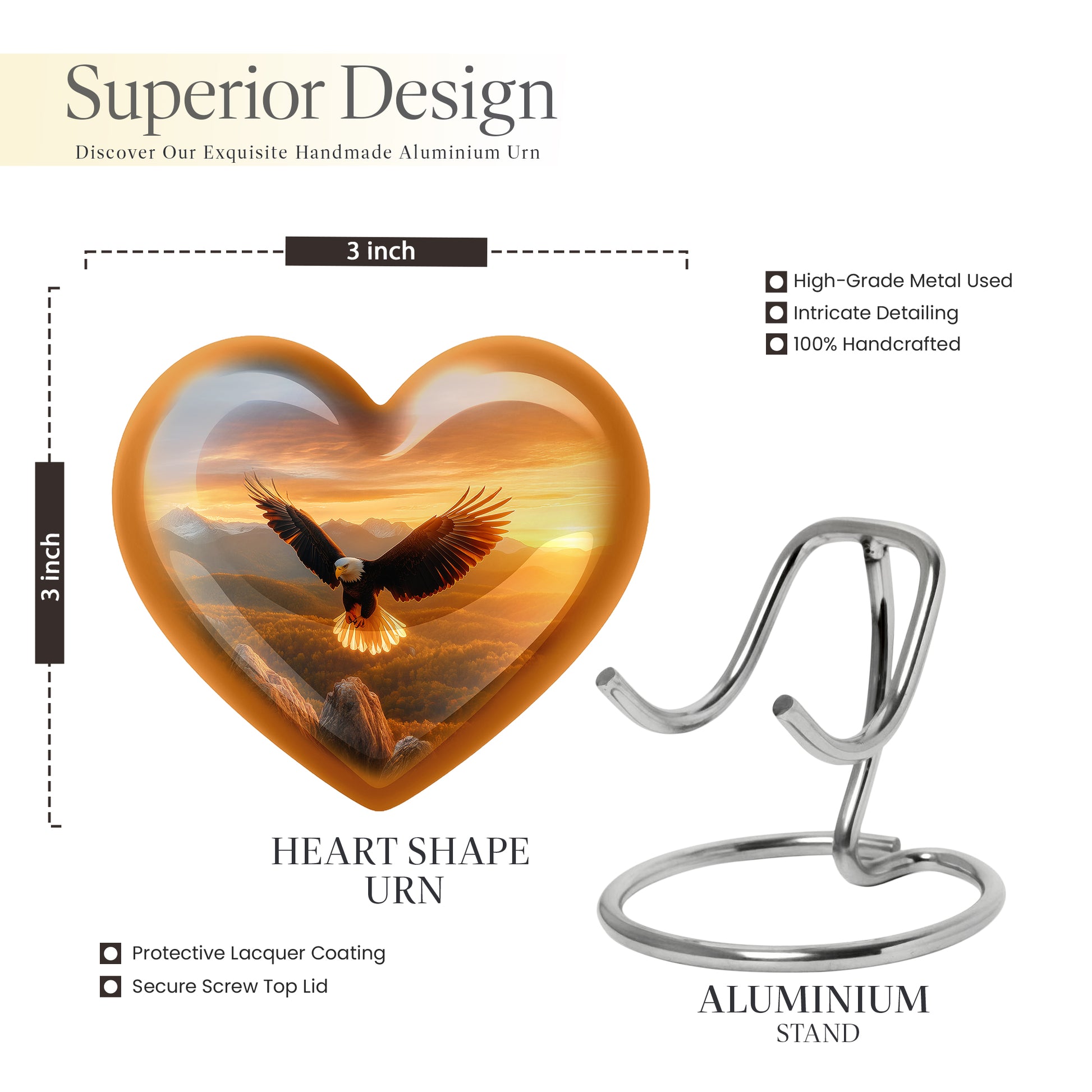 Royal Gold Eagle Cremation Urn front view showing detailed design - romantic heart urn with eagle motif on aluminum - mini keepsake memorial for portion of cremation ashes