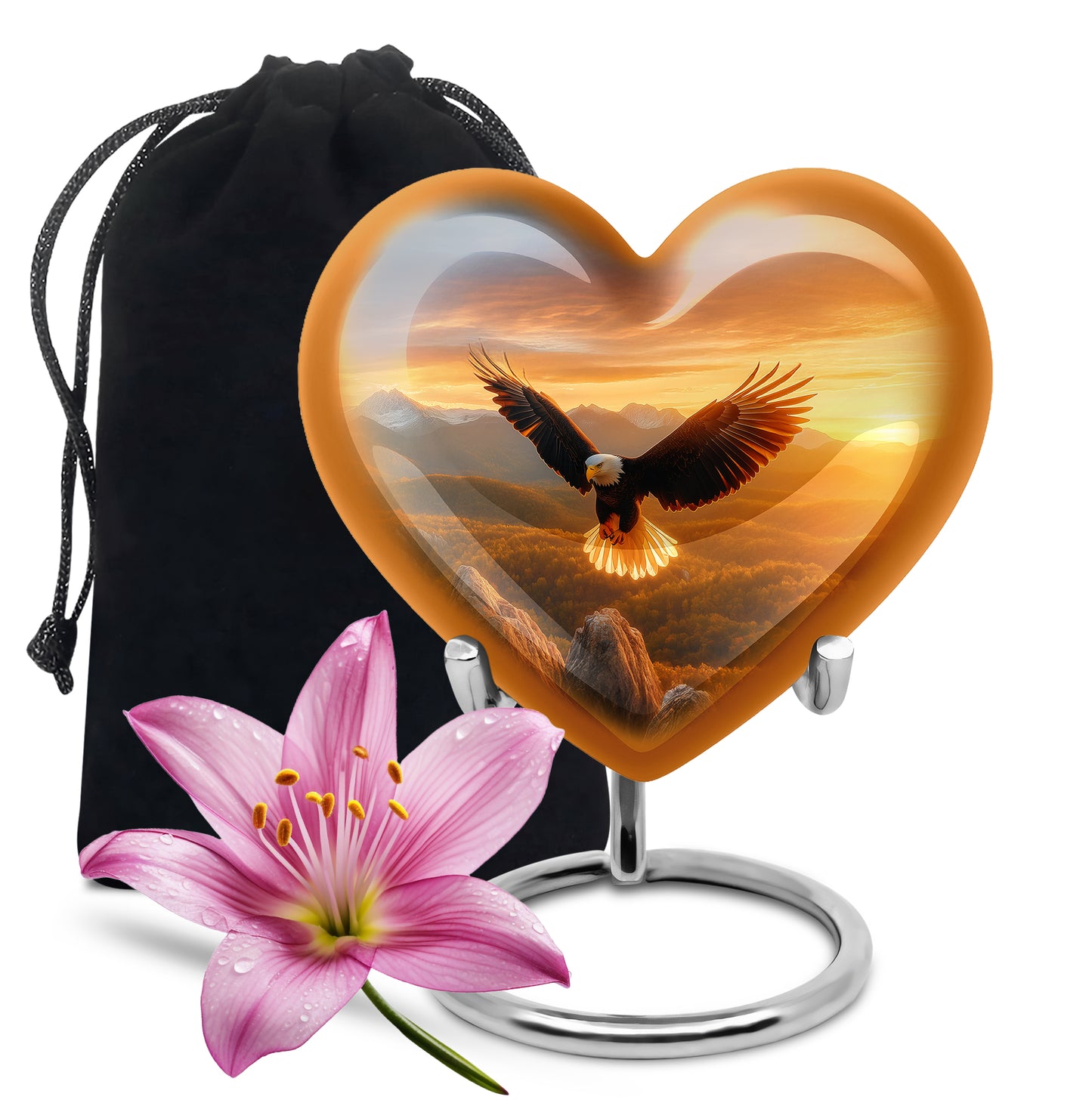Sunrise Gold Eagle Cremation Urn detail view - heart-shaped eagle design symbolizing eternal love - full-size 10 inch 200 cubic inch adult cremation urn