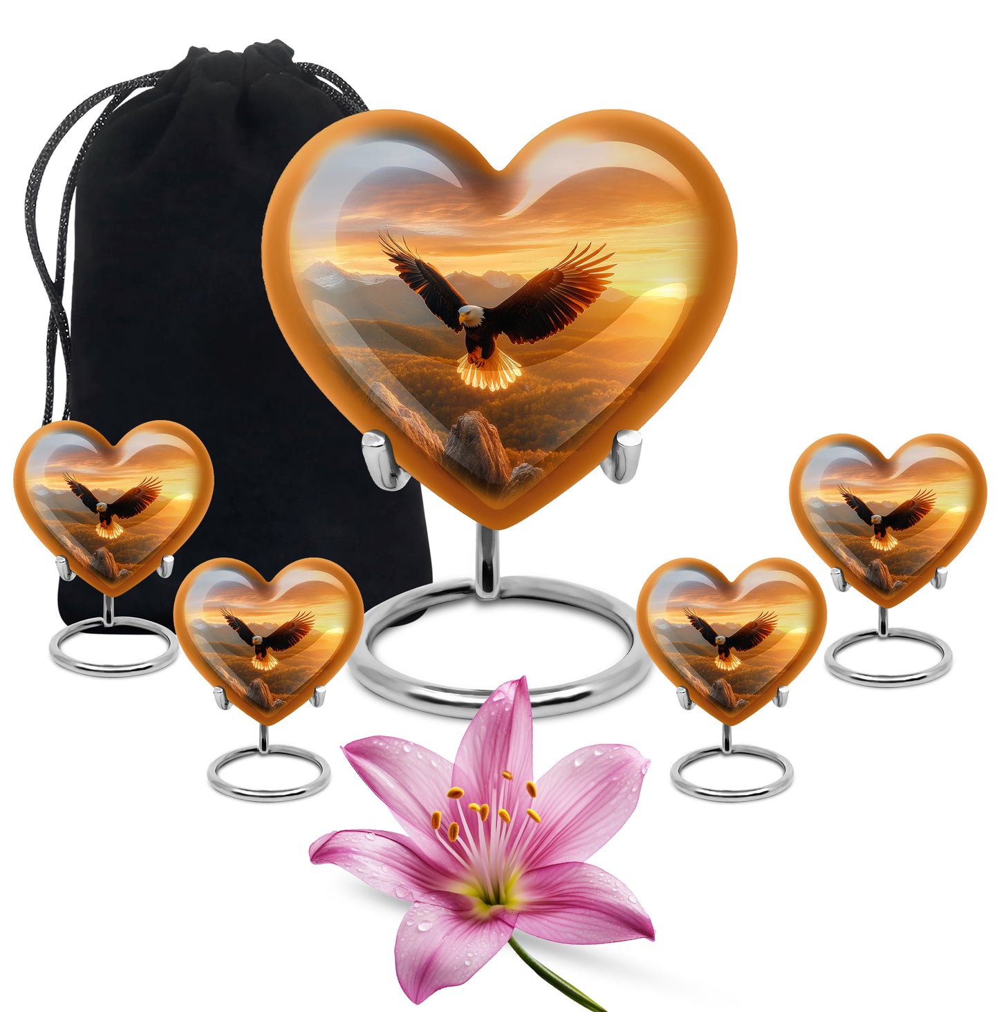 Sunrise Gold Eagle Cremation Urn close-up of engraving and surface detail - heart-shaped eagle design symbolizing eternal love - memorial set with one large and four small urns
