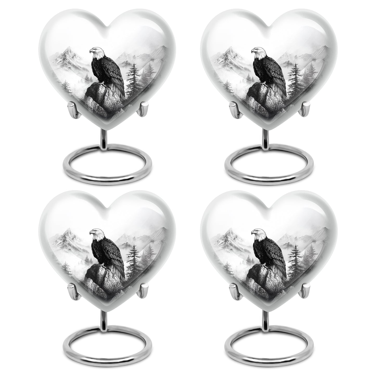 Sterling Silver Eagle Cremation Urn angled view of lid and engraved motif - loving heart memorial featuring eagle pattern - 10 inch aluminum urn for cremated remains