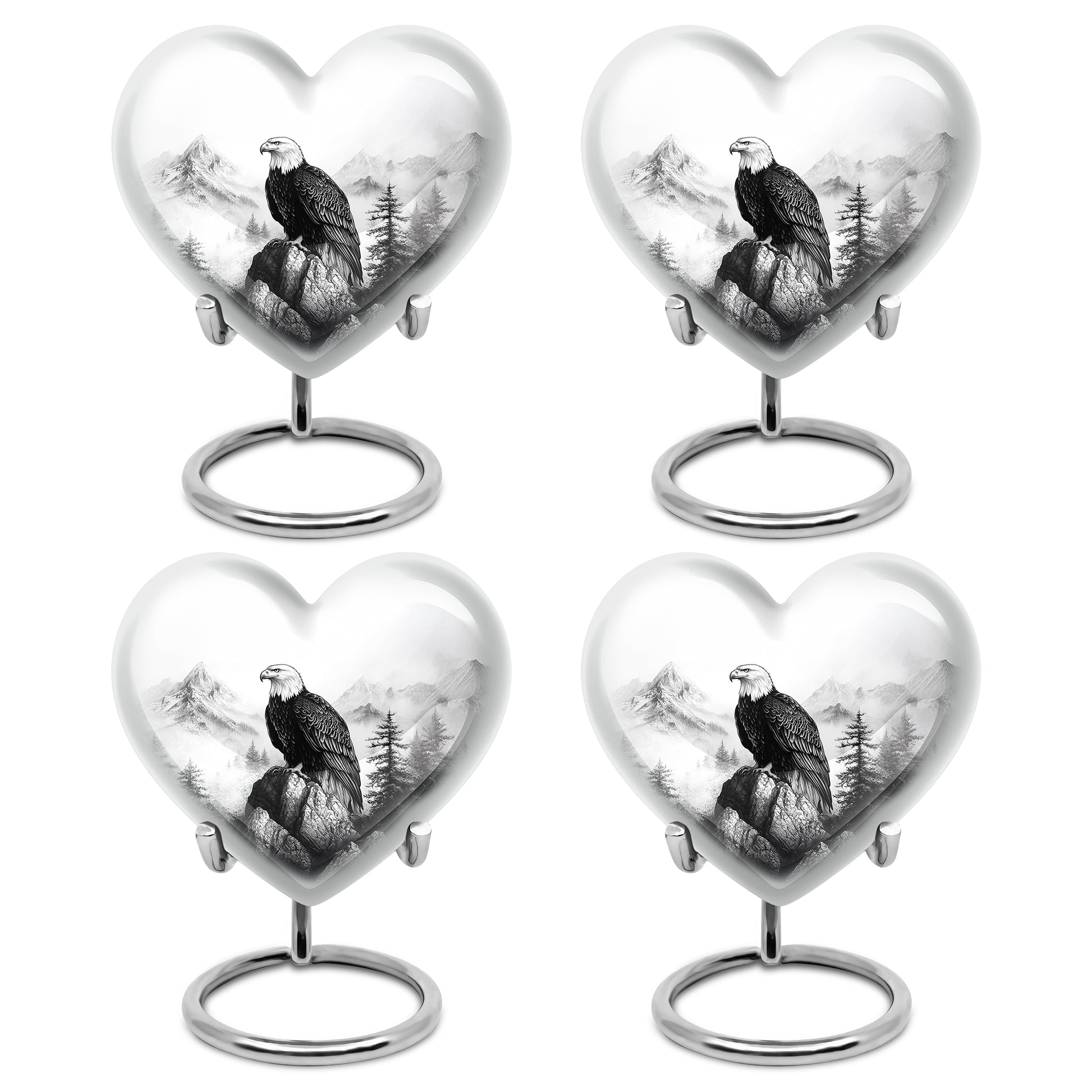 Sterling Silver Eagle Cremation Urn angled view of lid and engraved motif - loving heart memorial featuring eagle pattern - 10 inch aluminum urn for cremated remains