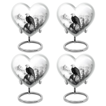 Sterling Silver Eagle Cremation Urn angled view of lid and engraved motif - loving heart memorial featuring eagle pattern - 10 inch aluminum urn for cremated remains