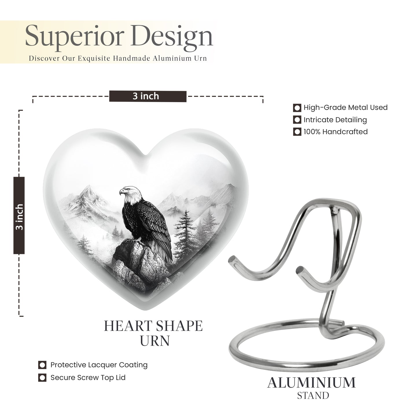 Antique Silver Eagle Cremation Urn front view showing detailed design - compassionate heart-eagle combination with gentle curves - mini keepsake memorial for portion of cremation ashes