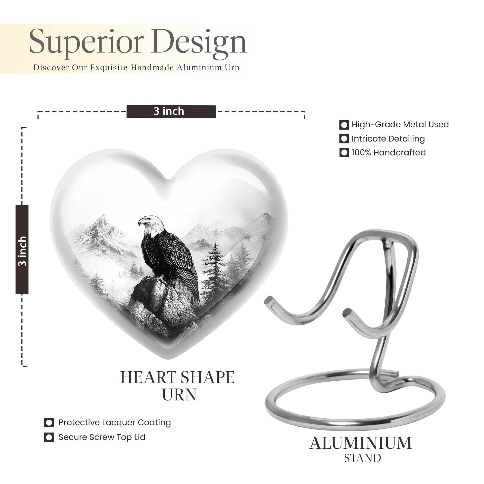 Antique Silver Eagle Cremation Urn front view showing detailed design - compassionate heart-eagle combination with gentle curves - mini keepsake memorial for portion of cremation ashes