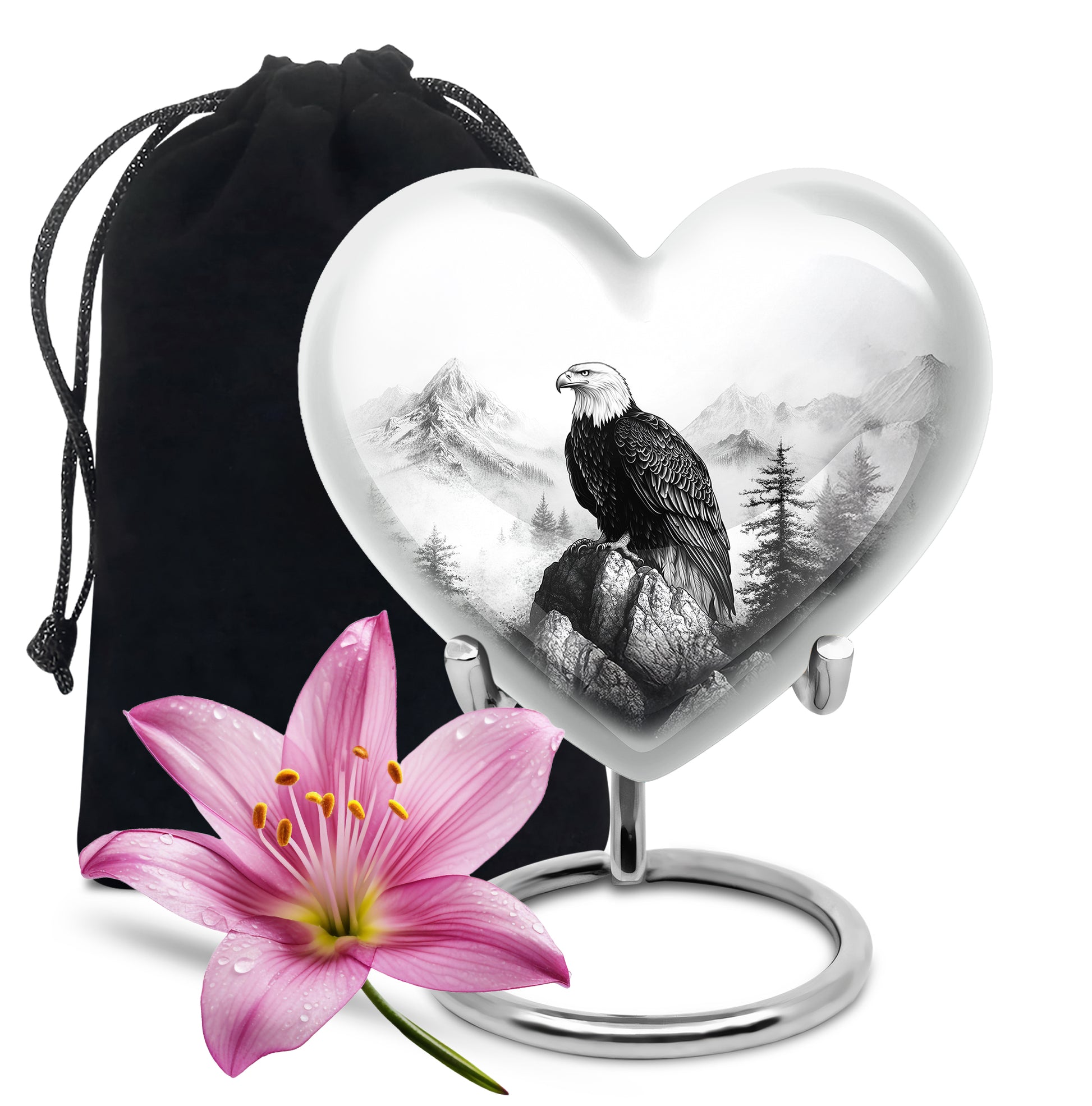 Sterling Silver Eagle Cremation Urn detail view - heart-shaped eagle design symbolizing eternal love - full-size 10 inch 200 cubic inch adult cremation urn