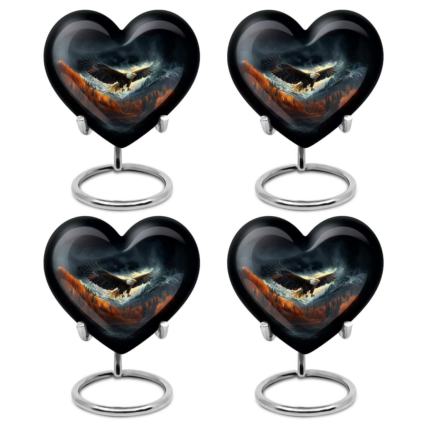 Glossy Black Eagle Cremation Urn angled view of lid and engraved motif - loving heart memorial featuring eagle pattern - 10 inch aluminum urn for cremated remains