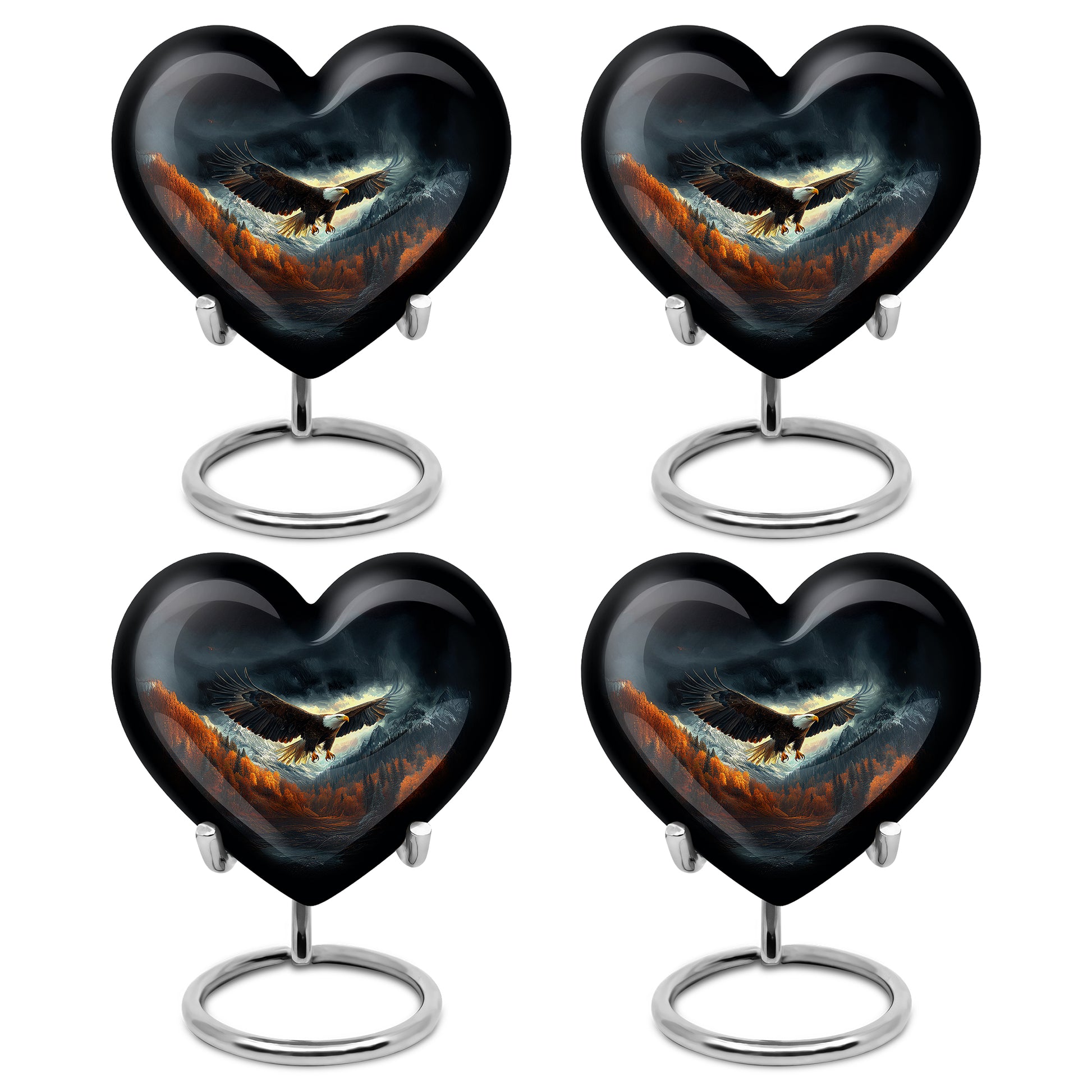 Glossy Black Eagle Cremation Urn angled view of lid and engraved motif - loving heart memorial featuring eagle pattern - 10 inch aluminum urn for cremated remains