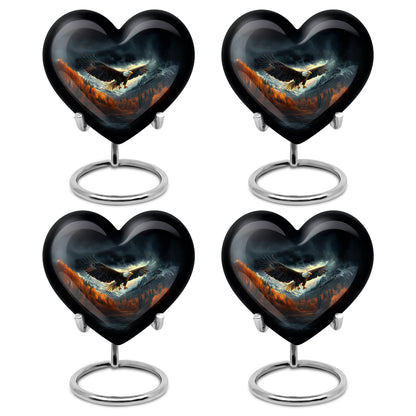 Glossy Black Eagle Cremation Urn angled view of lid and engraved motif - loving heart memorial featuring eagle pattern - 10 inch aluminum urn for cremated remains