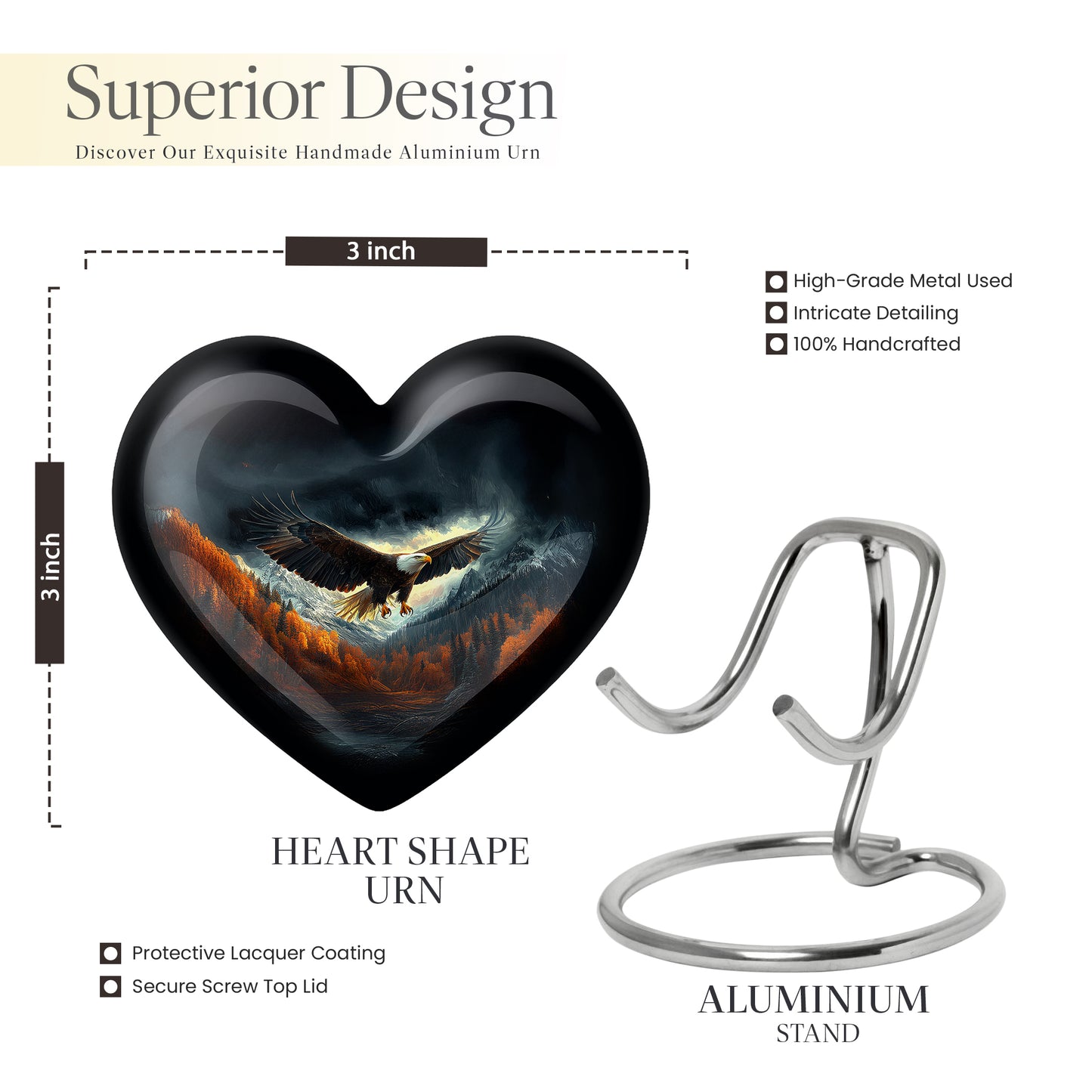 Glossy Black Eagle Cremation Urn front view showing detailed design - loving heart memorial featuring eagle pattern - mini keepsake memorial for portion of cremation ashes