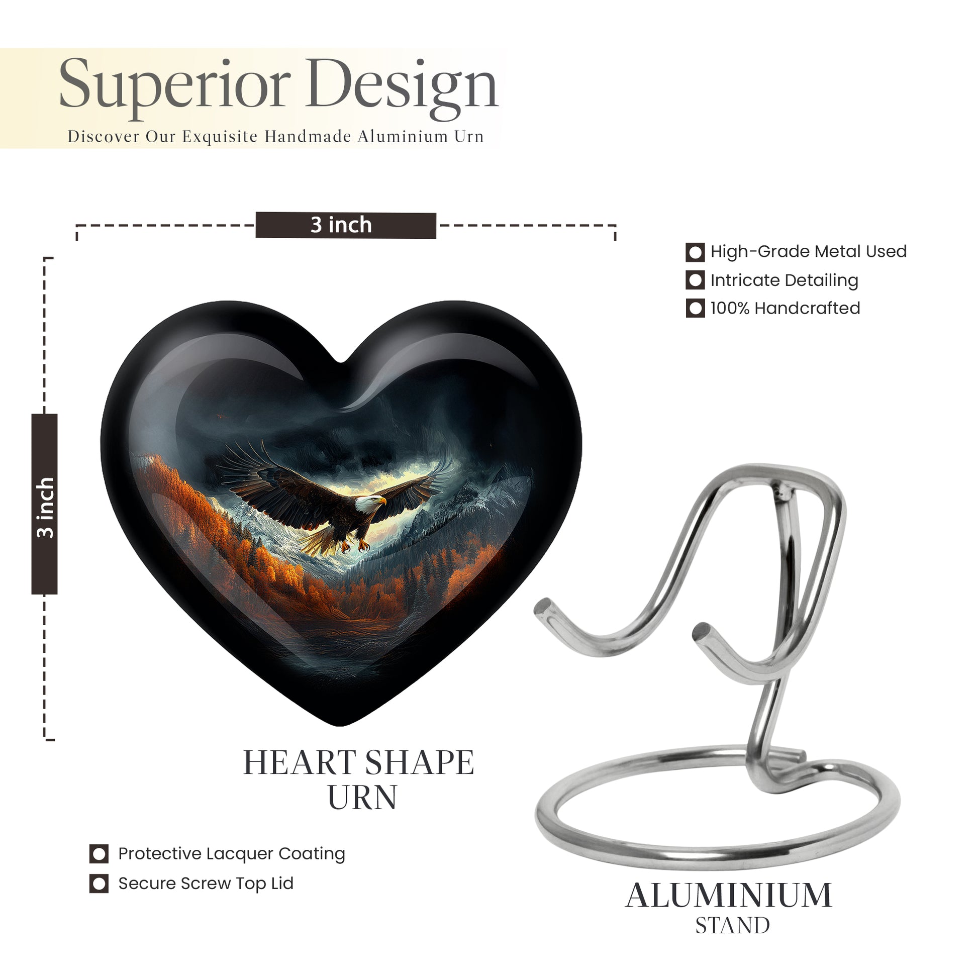 Glossy Black Eagle Cremation Urn front view showing detailed design - loving heart memorial featuring eagle pattern - mini keepsake memorial for portion of cremation ashes