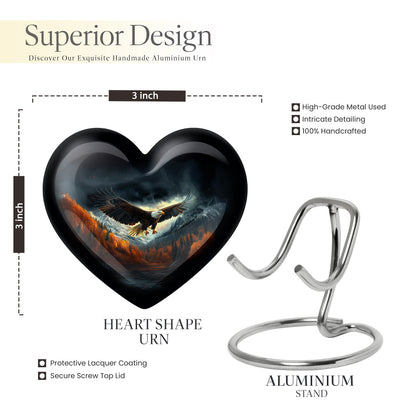 Glossy Black Eagle Cremation Urn front view showing detailed design - loving heart memorial featuring eagle pattern - mini keepsake memorial for portion of cremation ashes