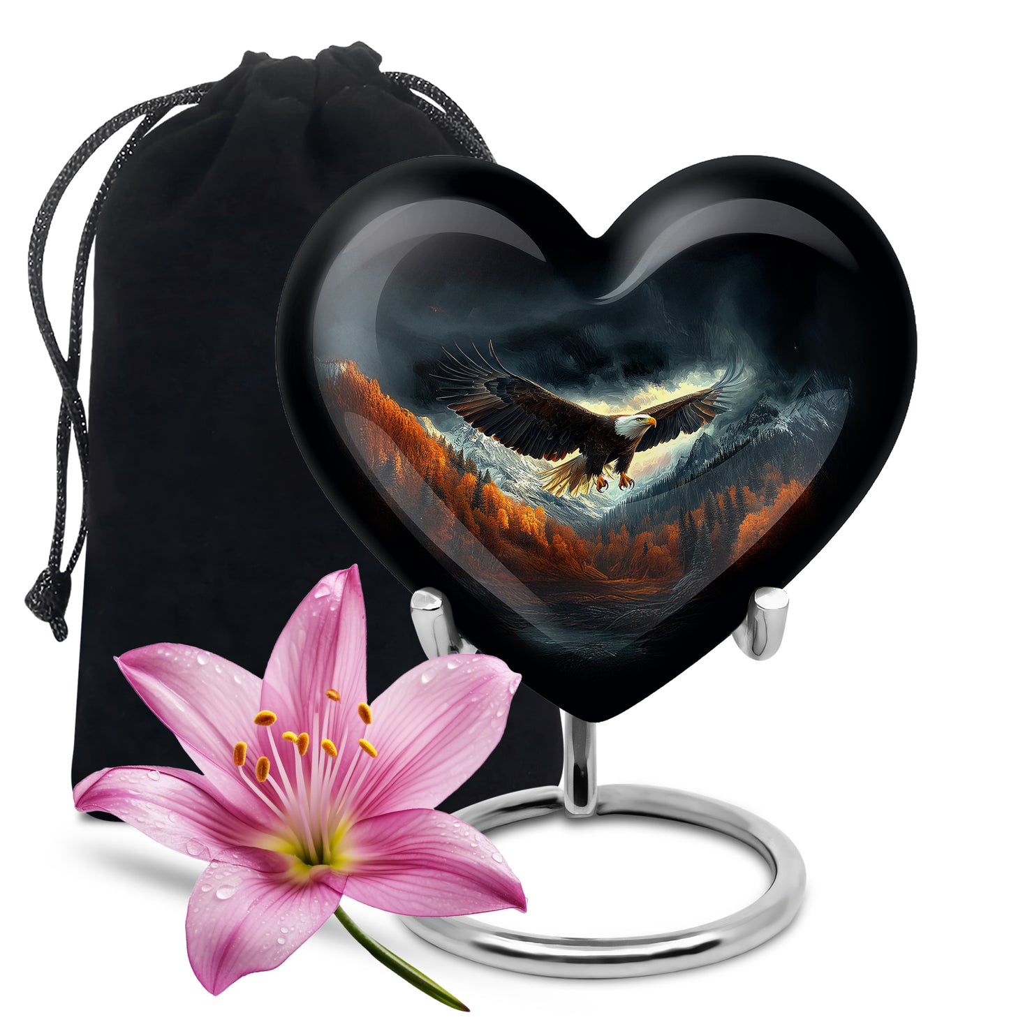 Rich Black Eagle Cremation Urn detail view - loving heart memorial featuring eagle pattern - full-size 10 inch 200 cubic inch adult cremation urn