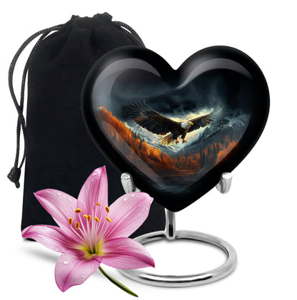 Rich Black Eagle Cremation Urn detail view - loving heart memorial featuring eagle pattern - full-size 10 inch 200 cubic inch adult cremation urn