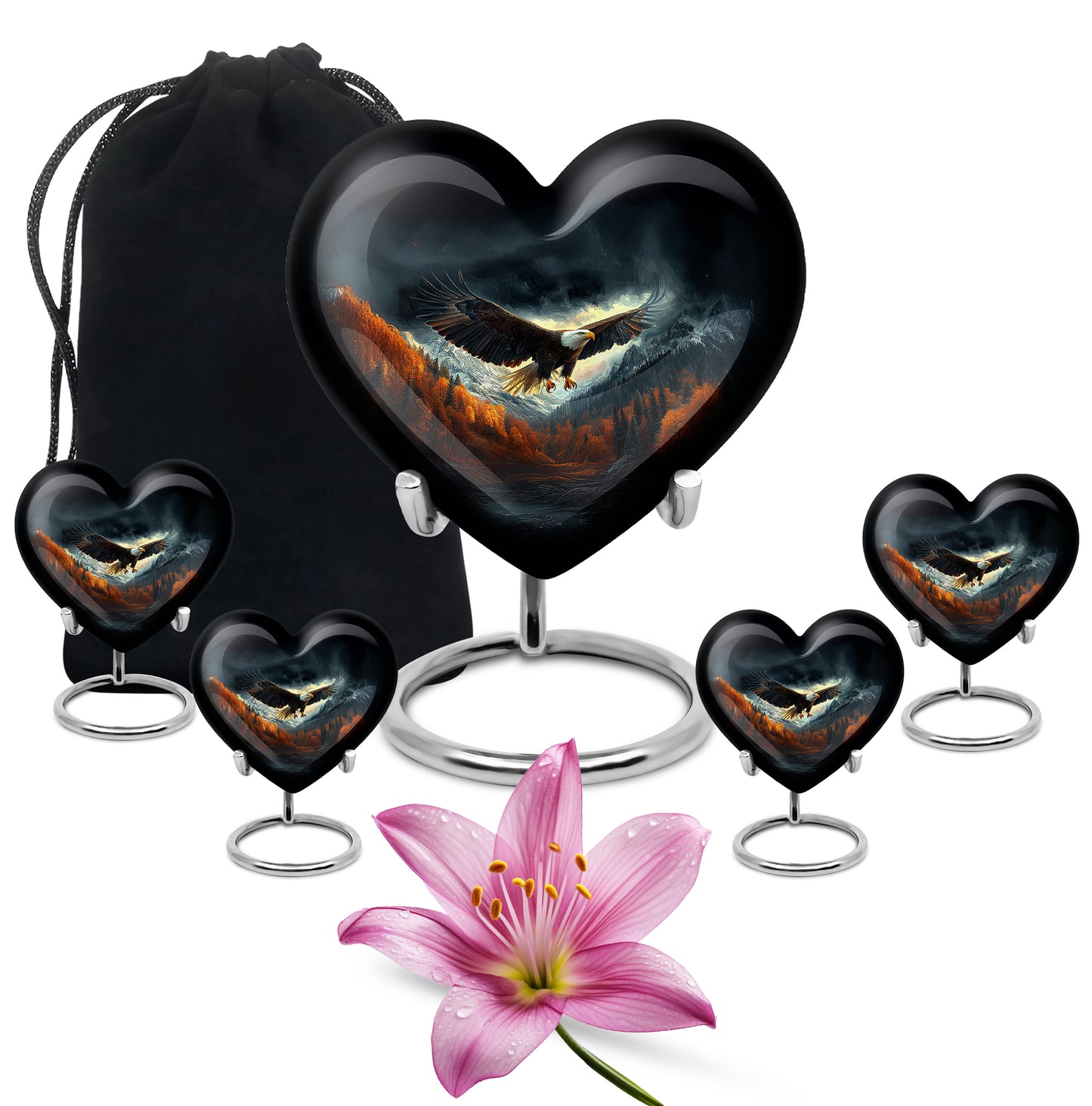 Charcoal Black Eagle Cremation Urn close-up of engraving and surface detail - compassionate heart-eagle combination with gentle curves - memorial set with one large and four small urns