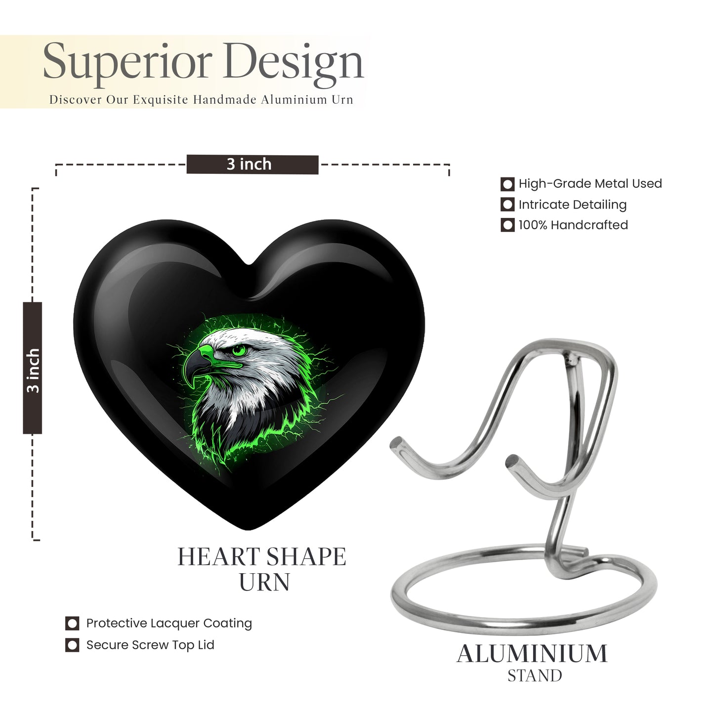 Charcoal Black Eagle Cremation Urn front view showing detailed design - romantic heart urn with eagle motif on aluminum - mini keepsake memorial for portion of cremation ashes