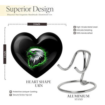 Charcoal Black Eagle Cremation Urn front view showing detailed design - romantic heart urn with eagle motif on aluminum - mini keepsake memorial for portion of cremation ashes